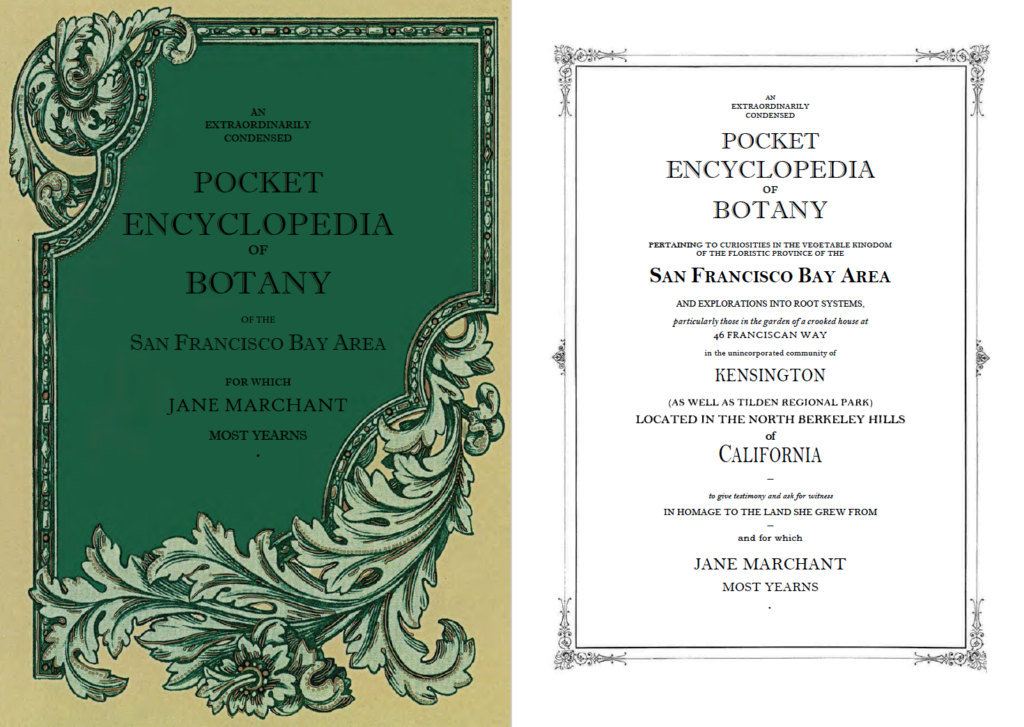 Two-page spread of dark and light green cover and title page, detailing the Extraordinarily Condensed Pocket Encyclopedia of Botany of the San Francisco Bay Area