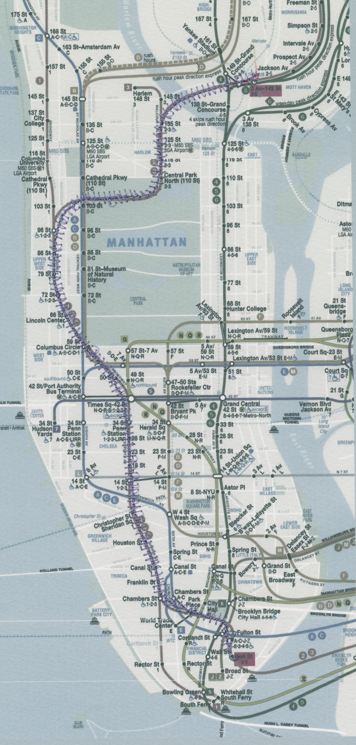 map of manhattan with stitching over the blue subway line