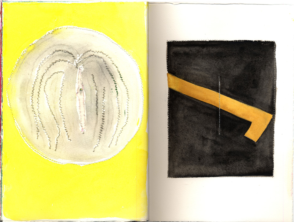 yellow left page, right page with black square and yellow check mark