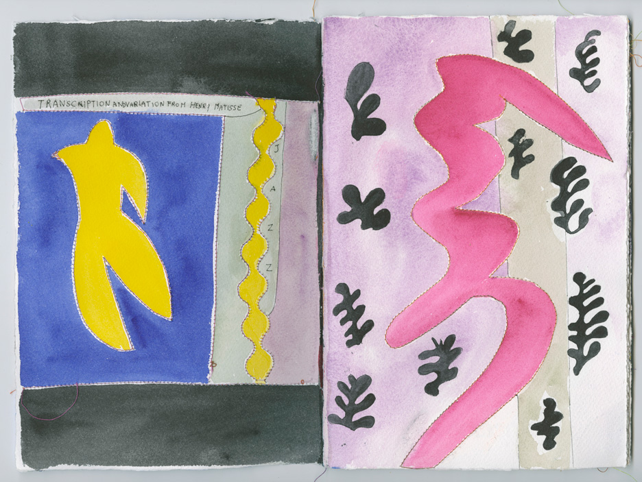 watercolor copy of Matisse's book Jazz, yellow figure on blue background