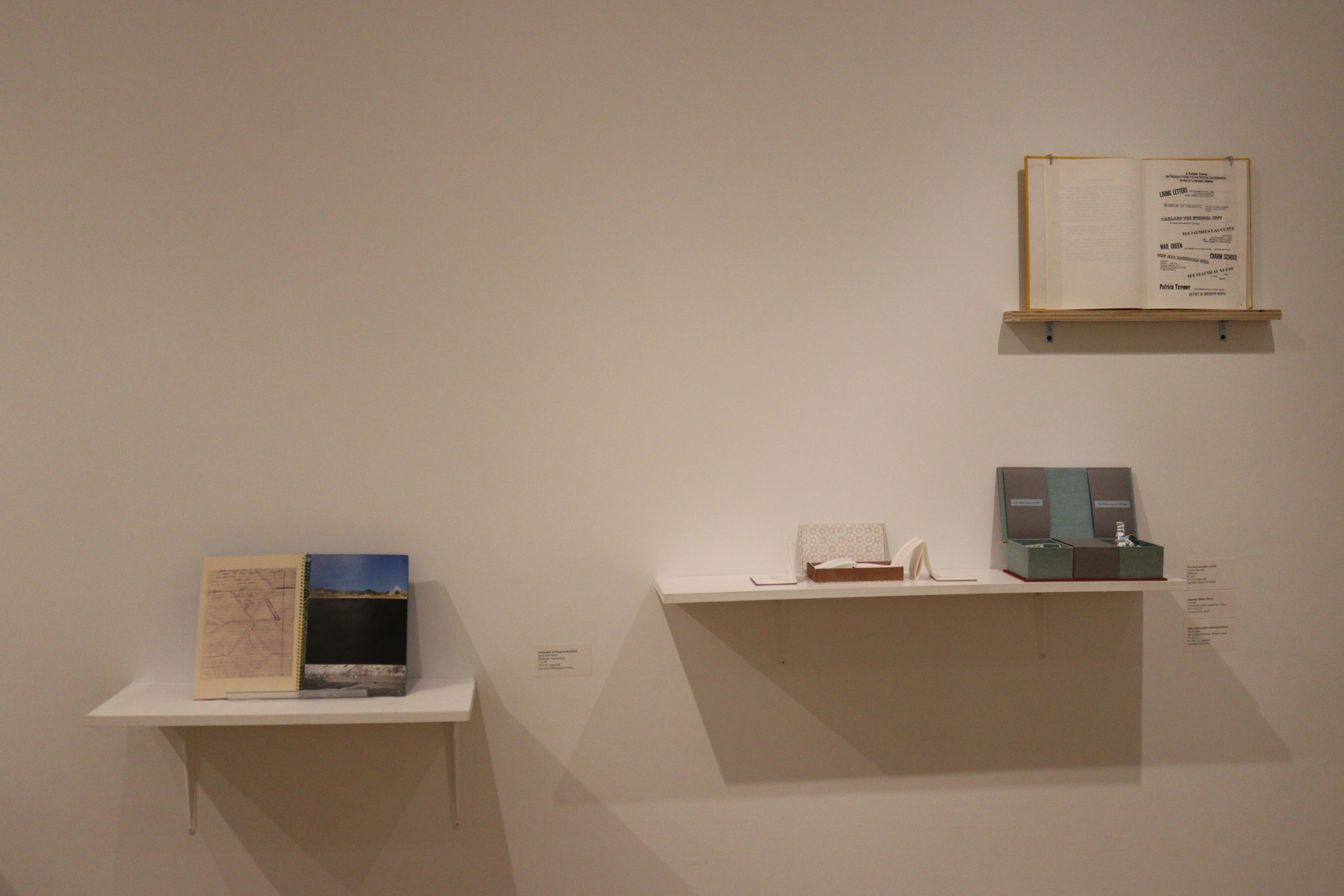 three artists books sit on white shelves