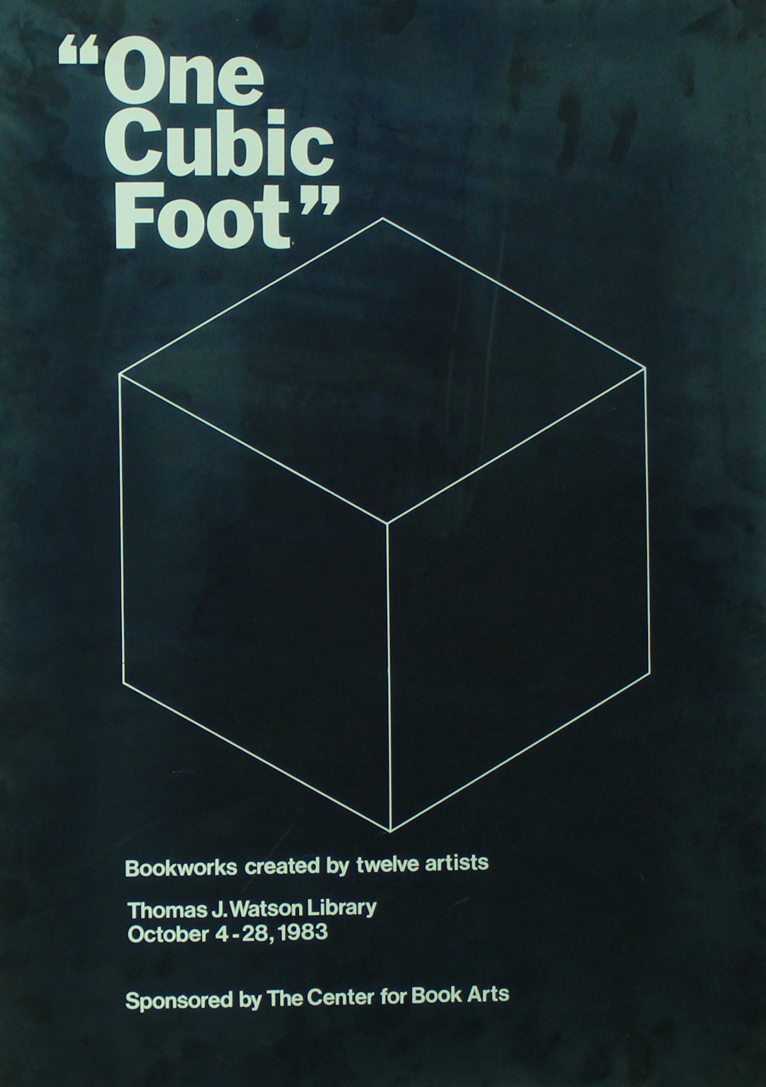 Black poster with white text and white cube. Title is in large, bold text in the top left corner. Other information is in smaller text in the bottom, left corner