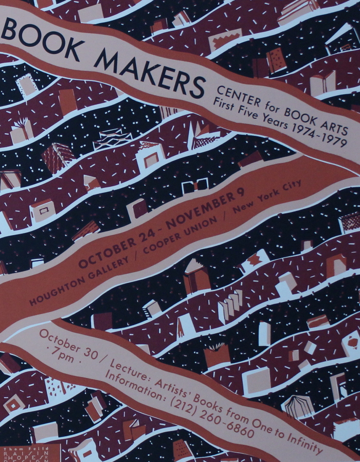Dark red, navy, and off-white poster with images of books and diagonal, curvy lines. Includes info on Book Makers exhibition