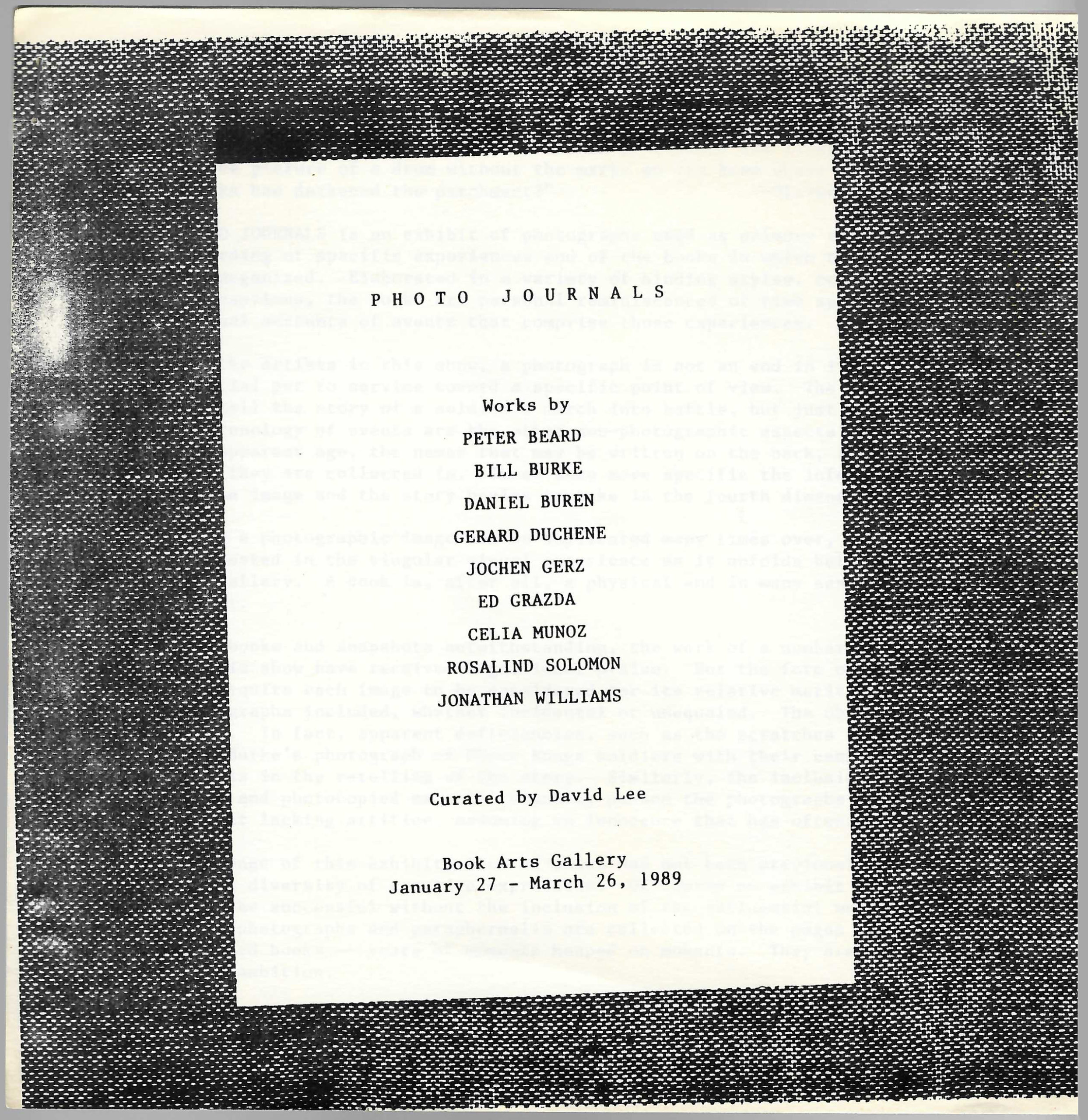 square black and white xerox catalogue cover with title and list of artists