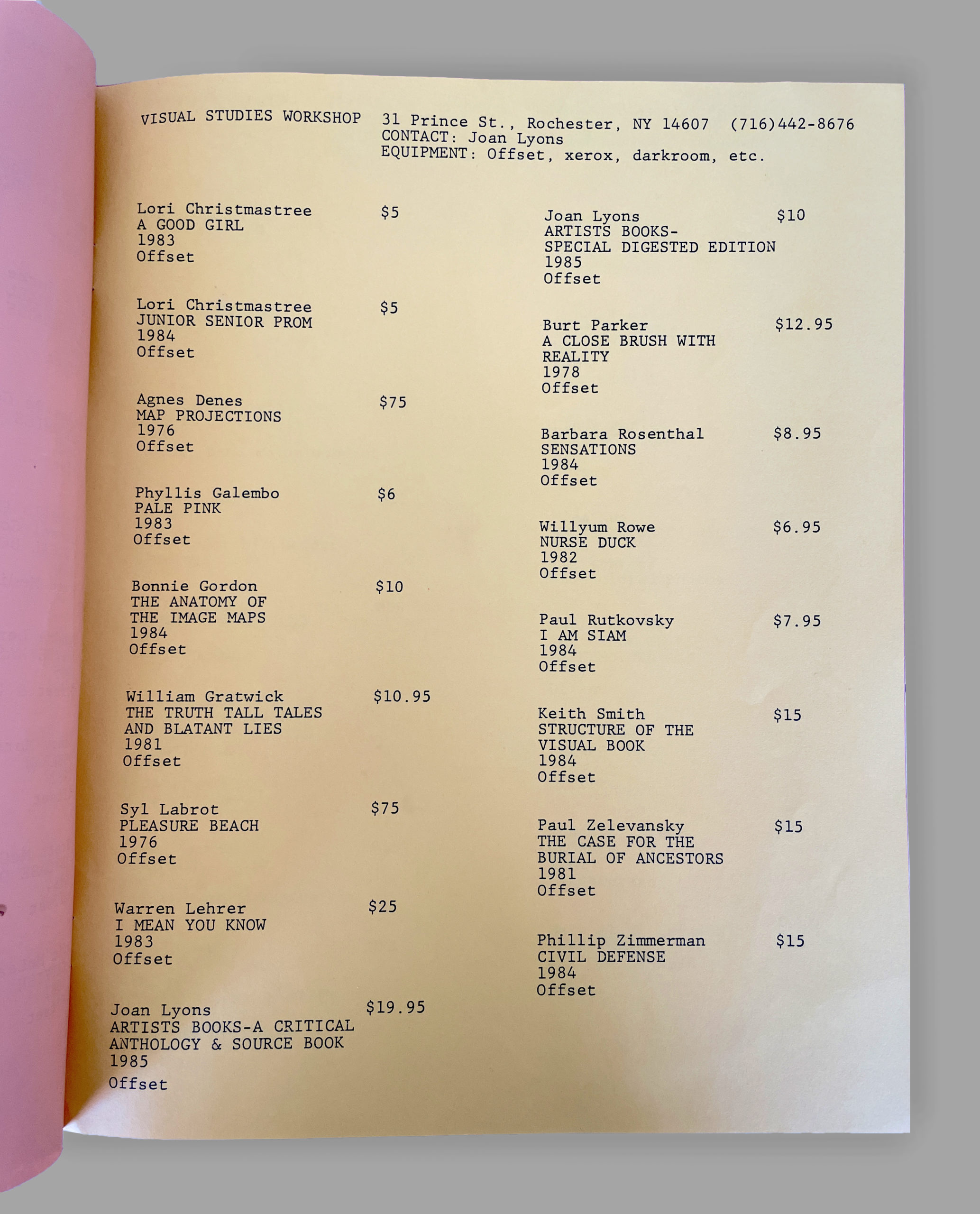 cream colored paper with typewriten checklist of artworks in two columns