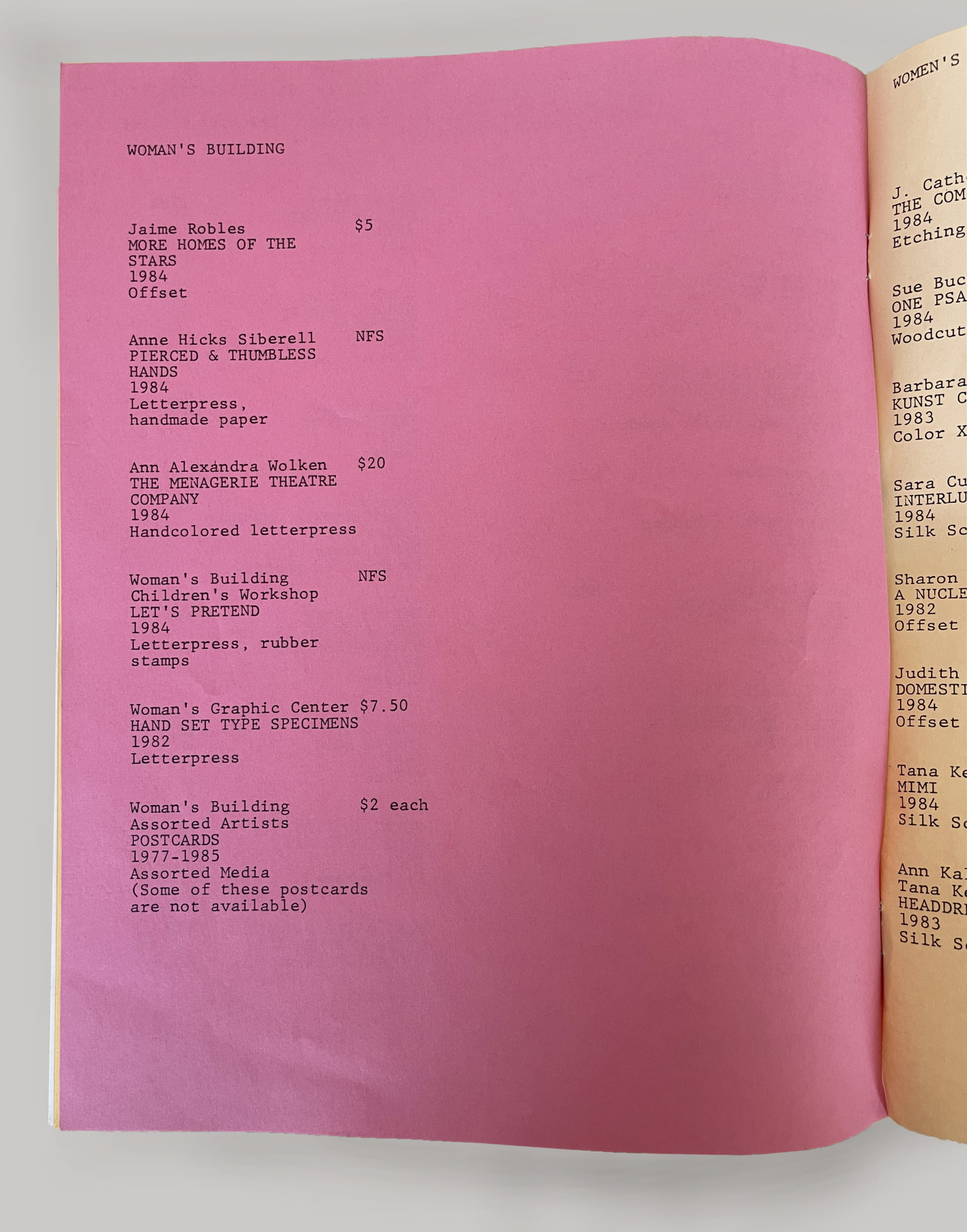 bright pink paper with typewriten checklist of artworks in one column