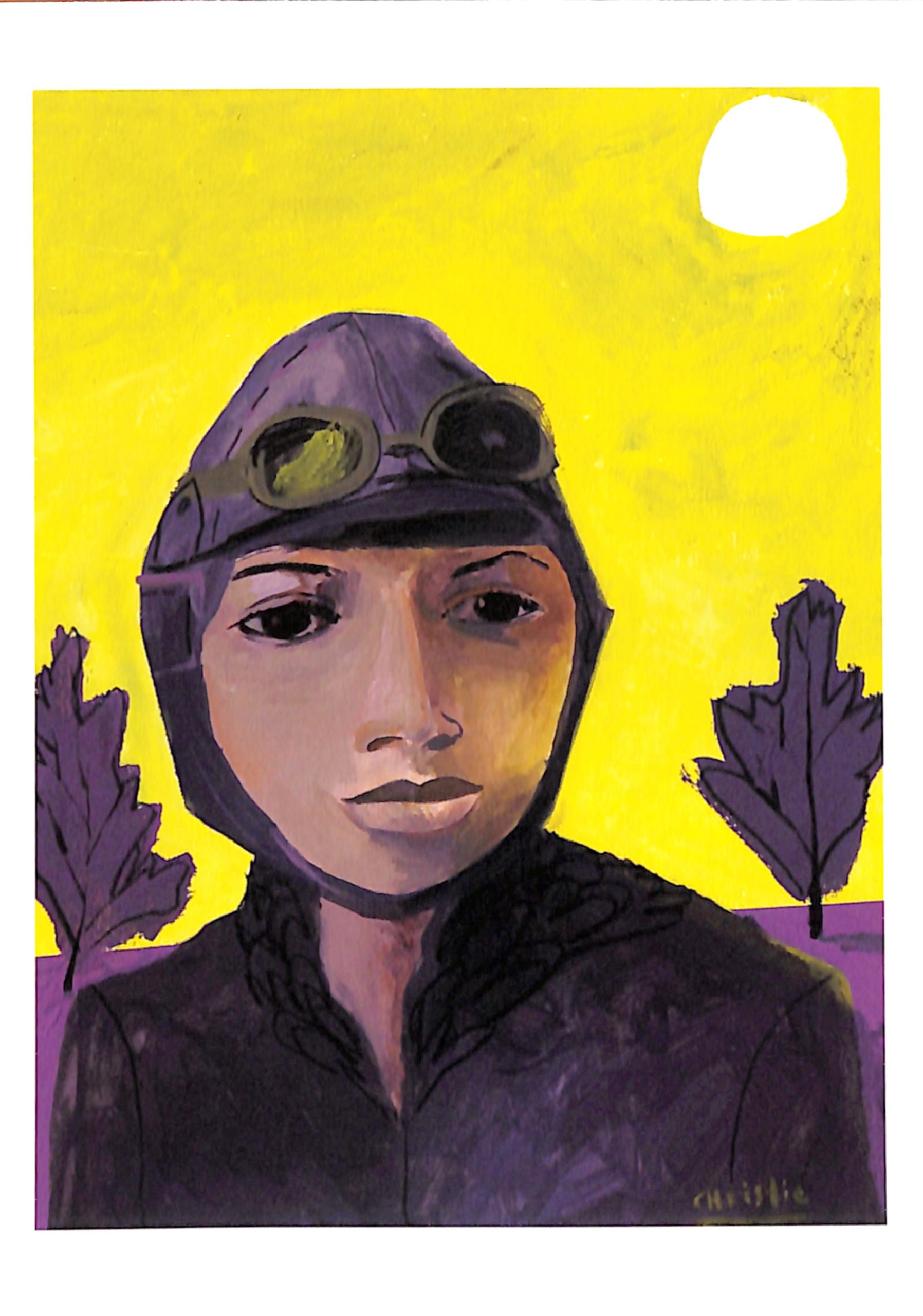 Front of postcard with a painting of a black person wearing a hat and goggles in front of a yellow and purple landscape