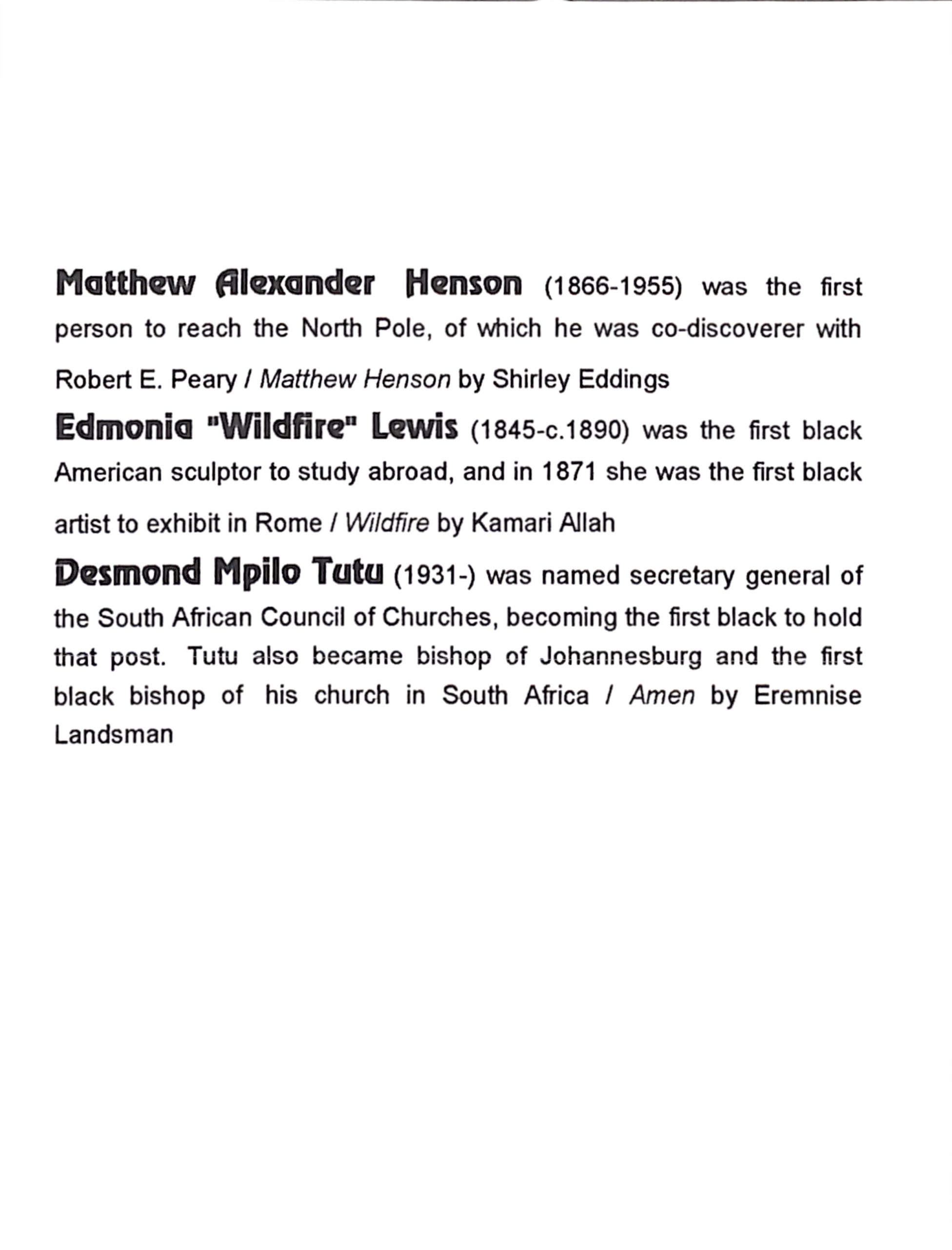 Catalogue page with descriptions of Matthew Henson, Edmonia Lewis and Desmond Tutu