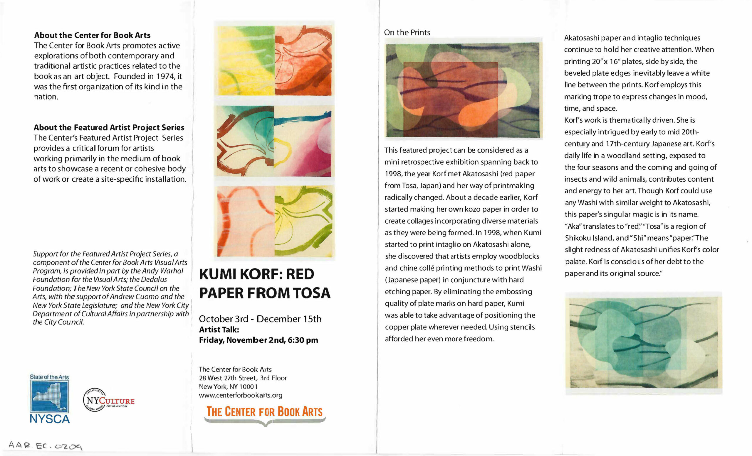 four panel brochure about the work of Kumi Korf