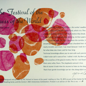 A letterpress printed broadside on cream-colored paper, with overlapping pink and orange shapes.