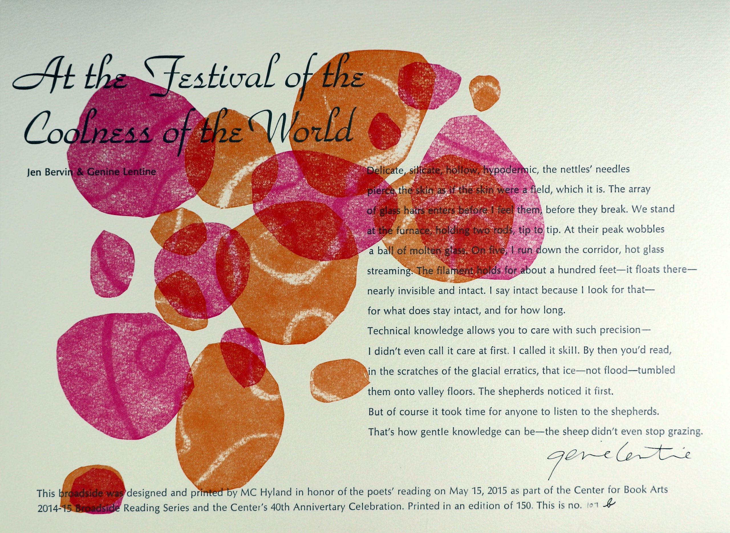 A letterpress printed broadside on cream-colored paper, with overlapping pink and orange shapes.