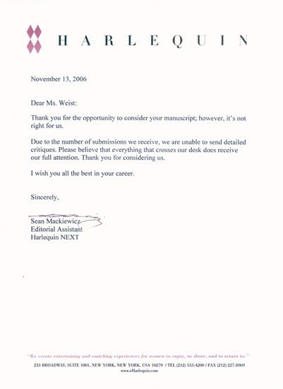 letter from publisher rejecting weist's manuscript for sexy librarian