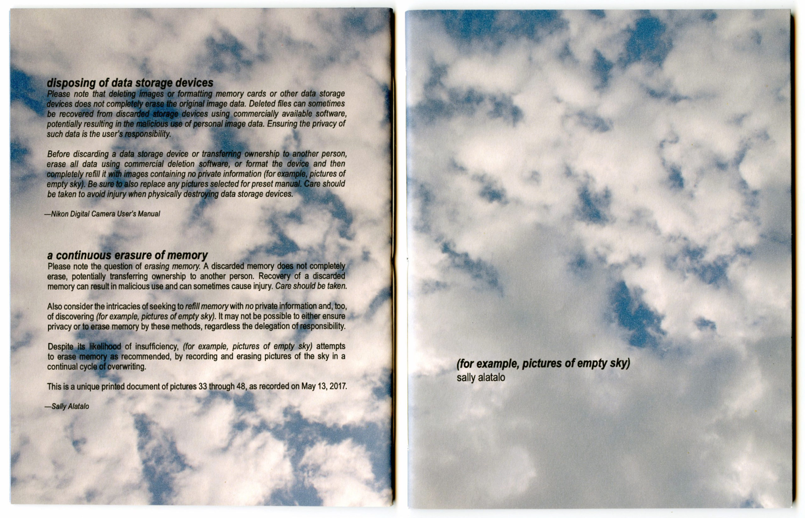 book front and back cover with images of clouds and text that reads (for example, pictures of empty sky)