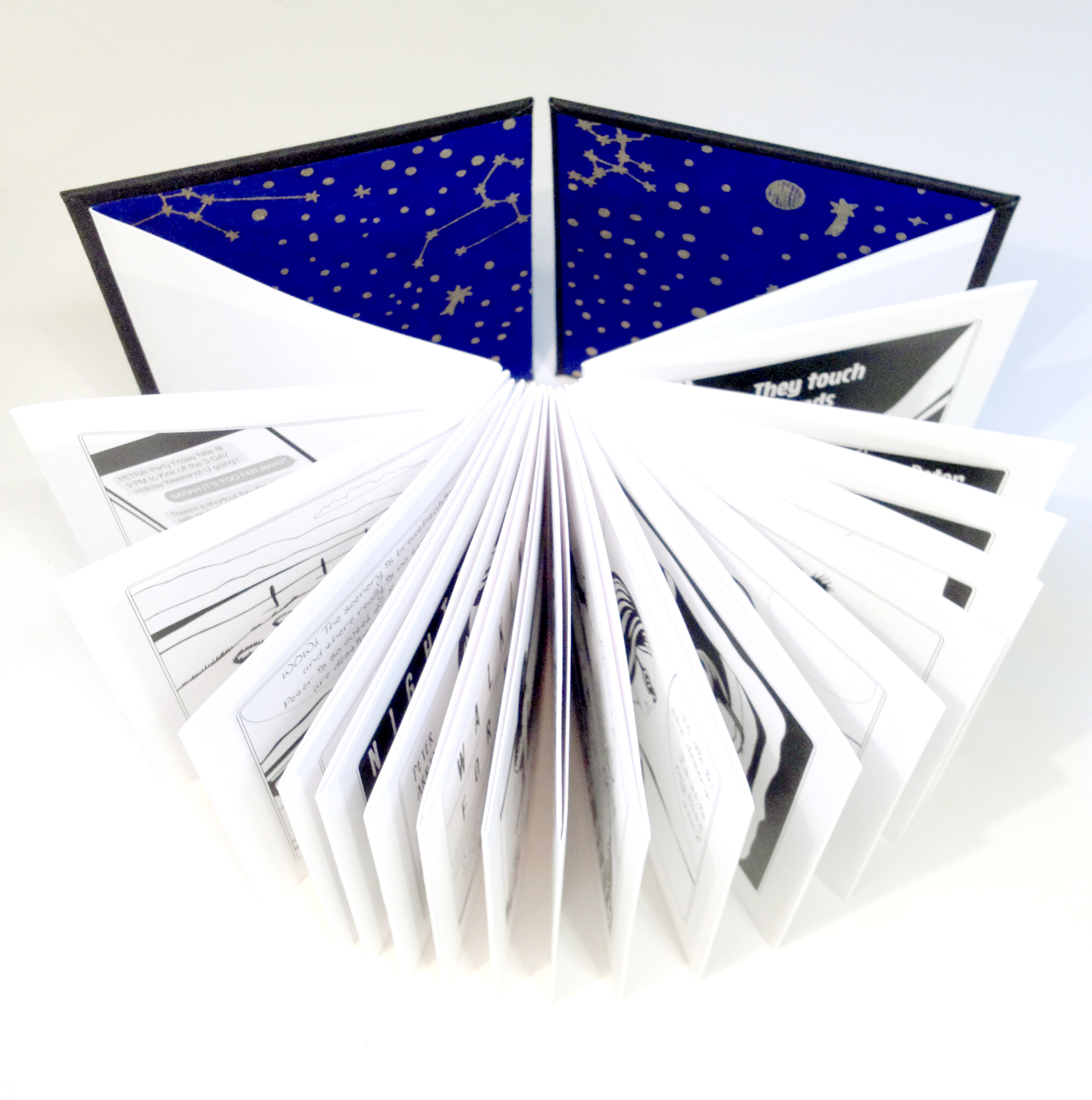 Open book with bright blue endpapers with silver constellations printed on them