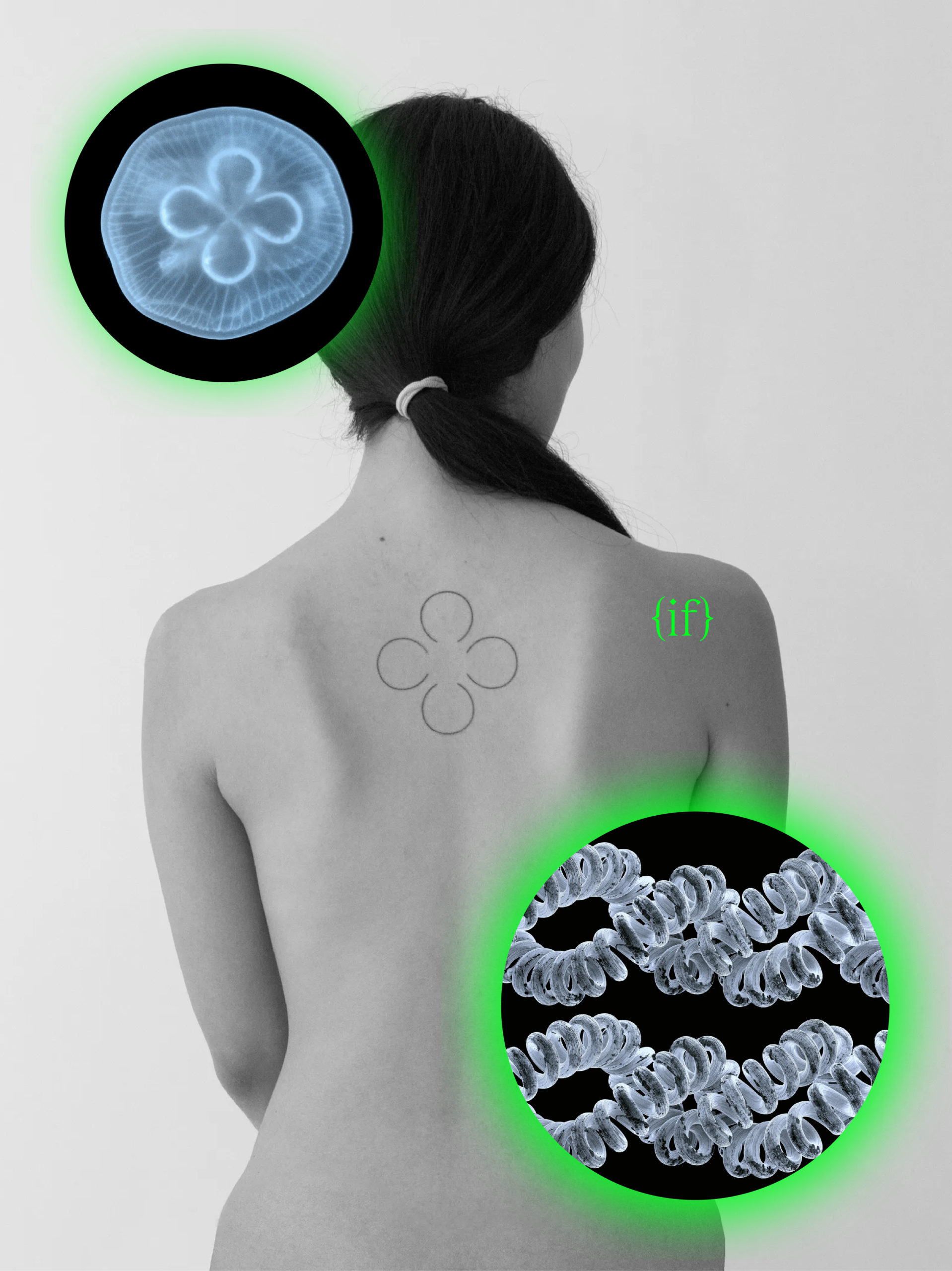 Monochromatic image of a female-bodied person with floating green bubbles with biological specimin