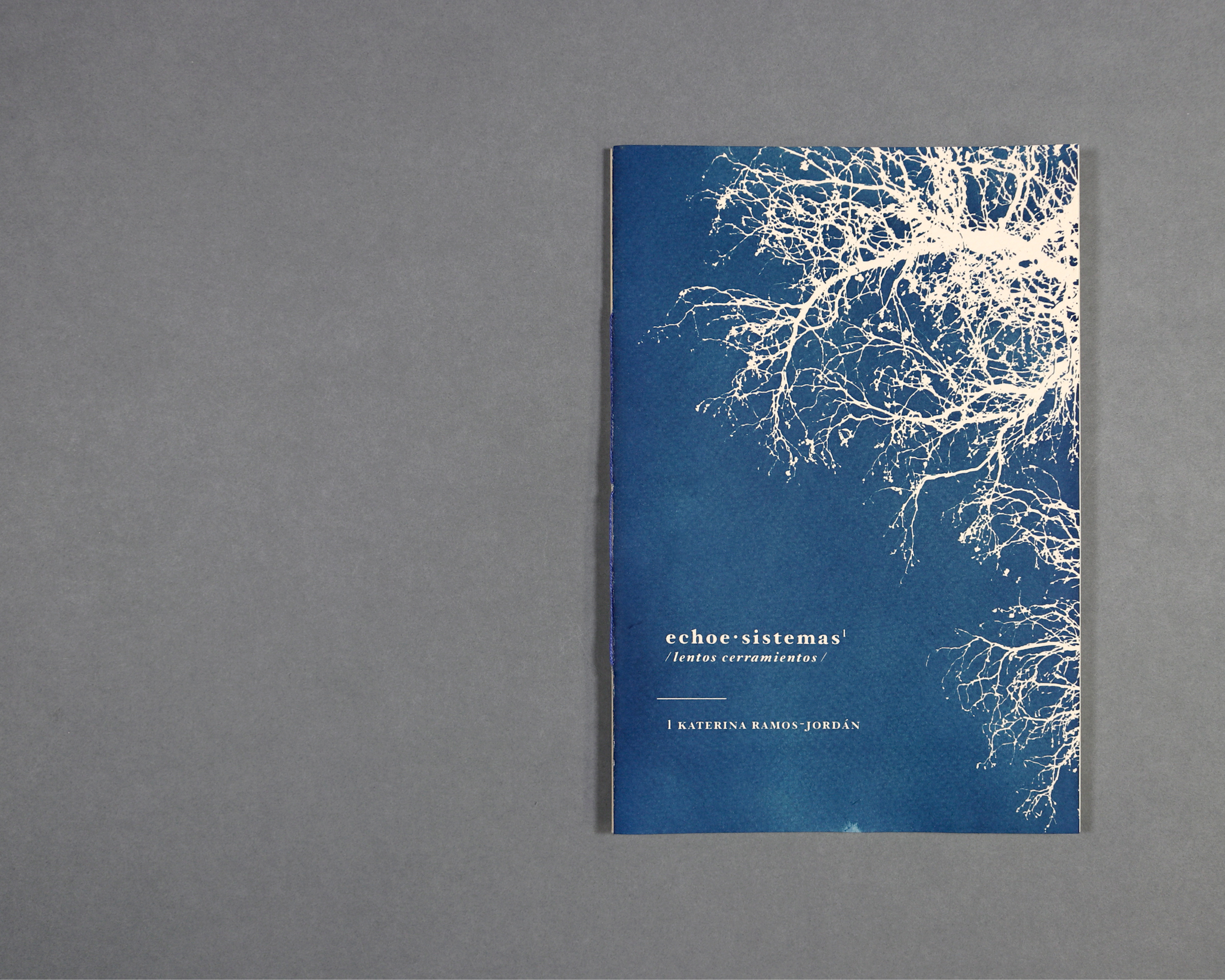 cyanotype printed book cover, blue with white branches
