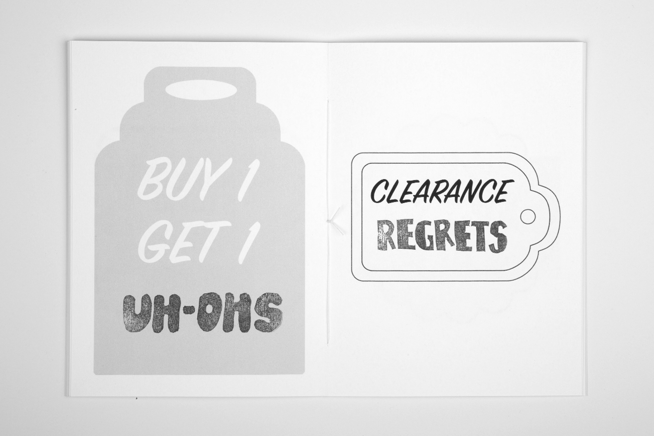 A spread with an illustration of a jar that says "Buy 1 Get 1 uh-ohs", and on the right side of the spread there is an illustration of a clearance tag that says "CLEARANCE REGRETS"