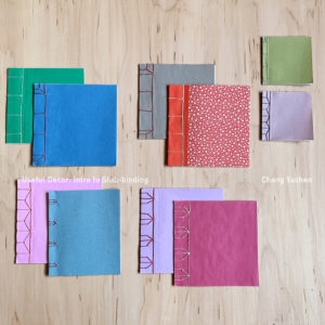 Ten stab-bound books with colorful covers are spread out on a table. "Useful Decor: Intro to Stab-binding" and "Chang Yuchen" are typed across the image.