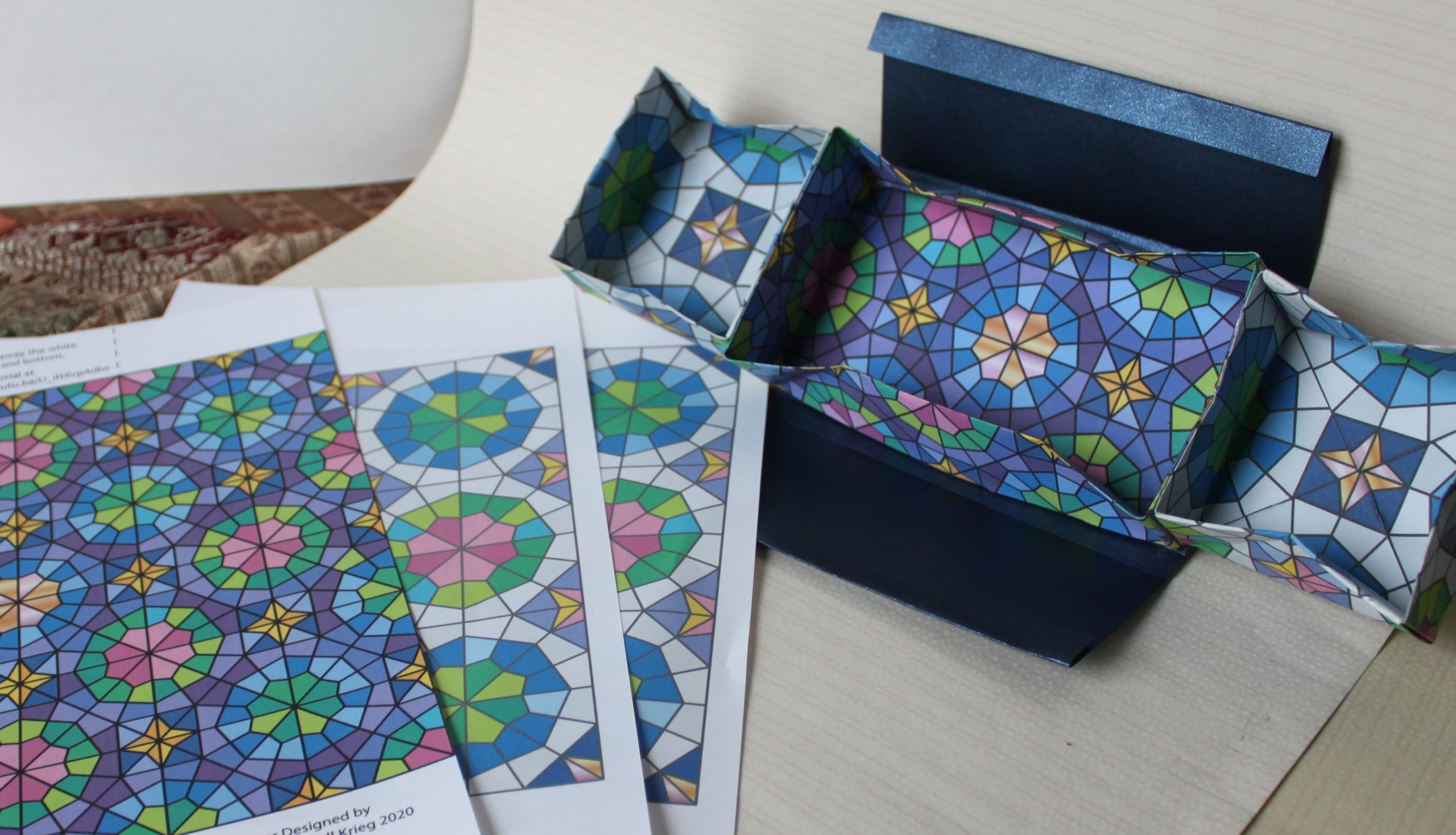 A colorful example of Paula's 3 hidden boxes structure. In the image are three sheets with colorful geometric patterns on them. These patterns are seen within the three hidden boxes.