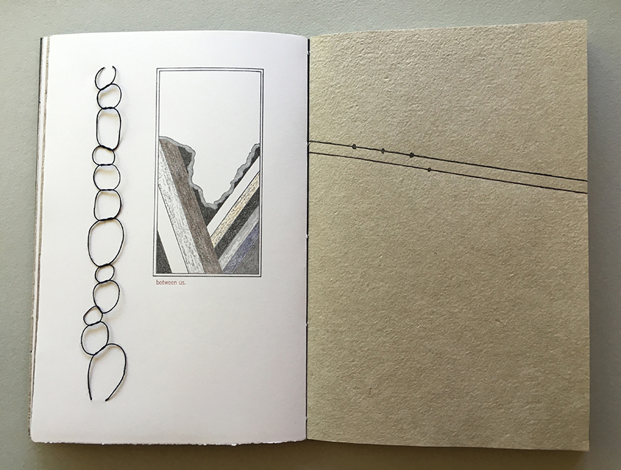 book spread with looped string and rectangular drawing