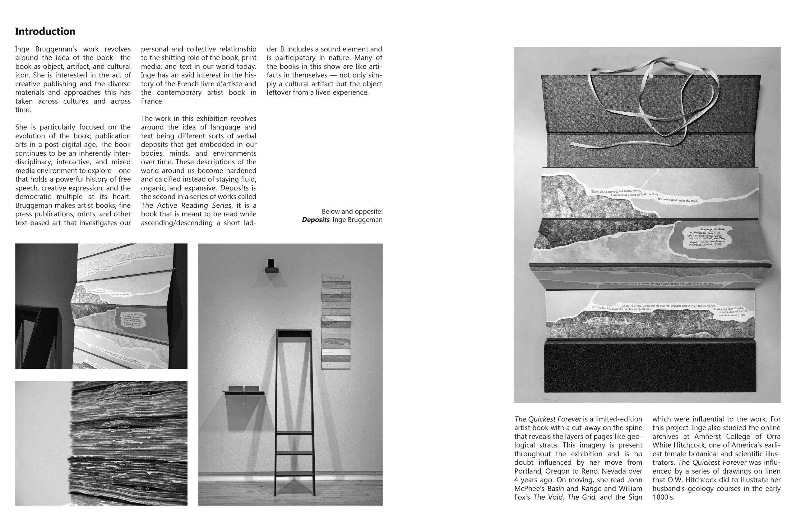 brochure spread with images of her work and a description of the work