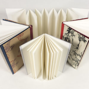 Several drum-leaf bound books are placed next to each other. One of the examples is more of an accordion fold while the other three are full hardcovers.
