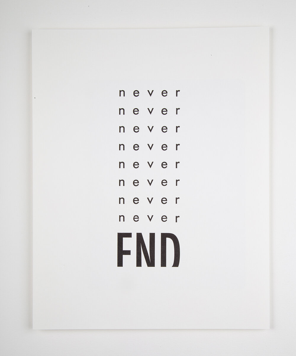 White page over white background. Page contains concrete poem which reads "Never End".