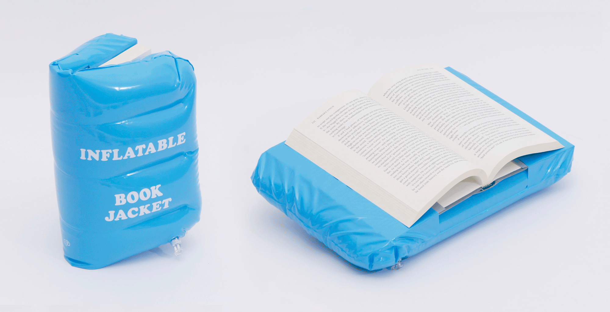 light blue inflatable book jacket that looks like a water wing