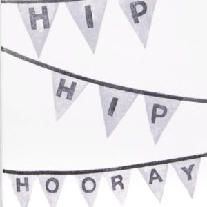 White closed book over white background. On the cover there is a party light grey garland containing the text "Hip Hip Hooray".