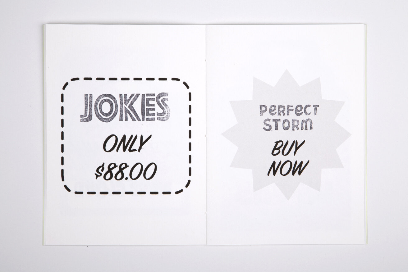 Open white book over white background. Left page shows a stamped-like ticket containing the text "Jokes Only: $88.00". The right page shows a stamped-like grey price-tag containing the words "Bargains Today Only: Nine Cloud" in caps.