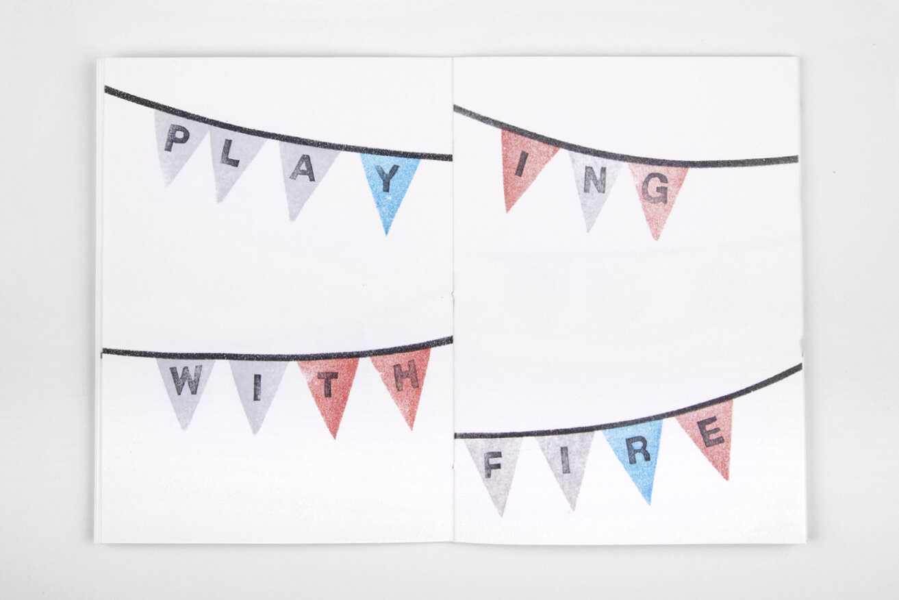 Open white book over white background. Two party garlands appear across both pages, one contains a text that reads "playing", the other one a text that reads "with fire"