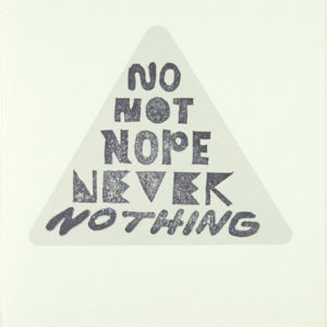 Light green book over white background. Cover contains a light grey triangle with text "No, not, nope, never, nothing" in it.
