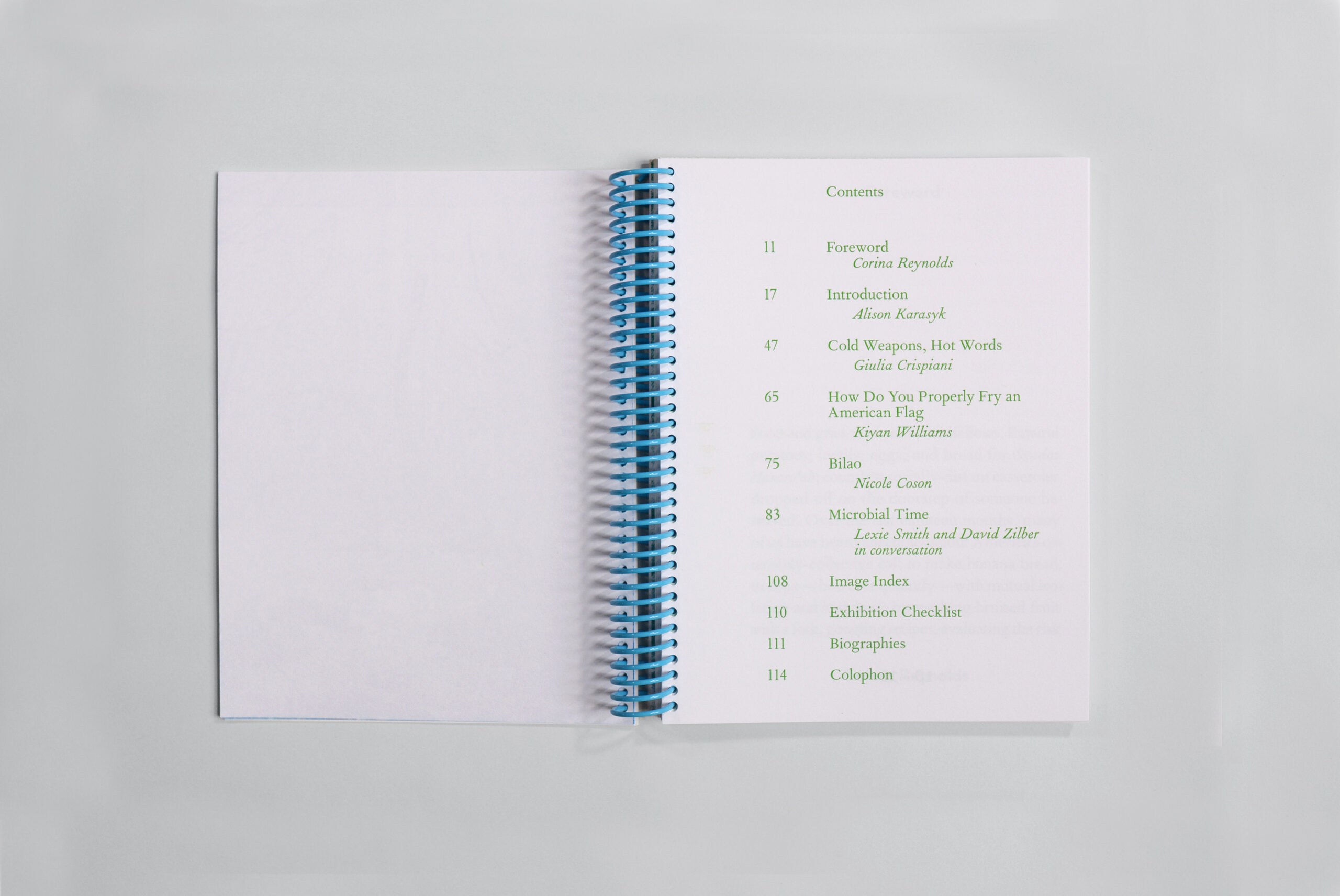 Risograph printed exhibition catalog with green typography on white paper, bound with a blue spiral coil.