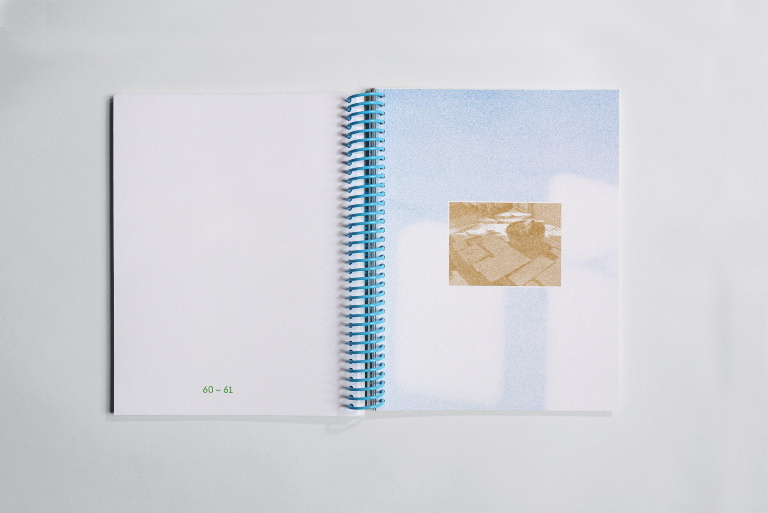 Risograph printed exhibition catalog with light blue and brown image on white paper, bound with a blue spiral coil.