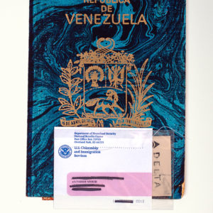 A photo of a print resembling a Venezuelan passport with other documents sewn to it