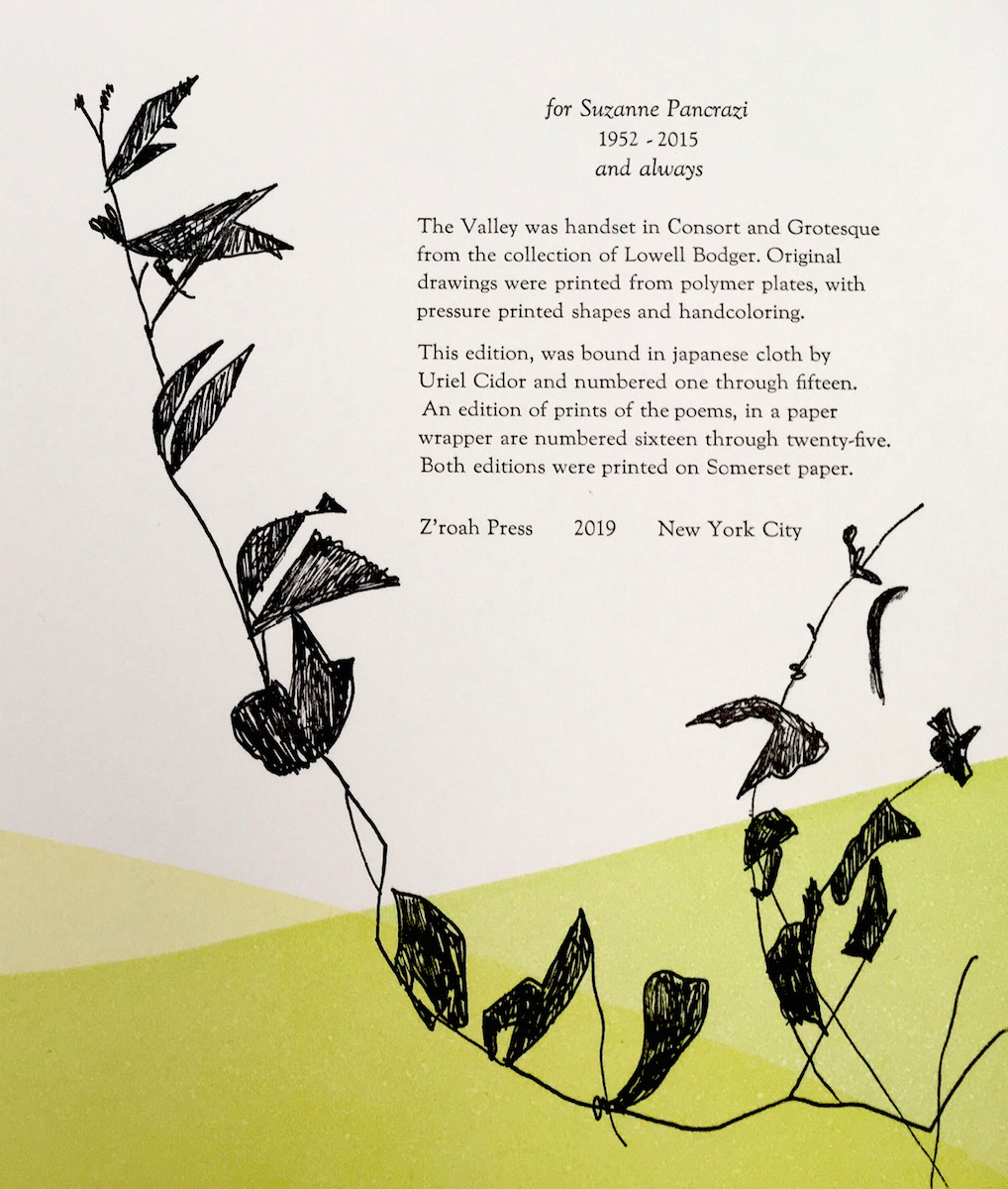 A colophon by Roni Gross with information about the project and a drawing of a plant/tiny tree.