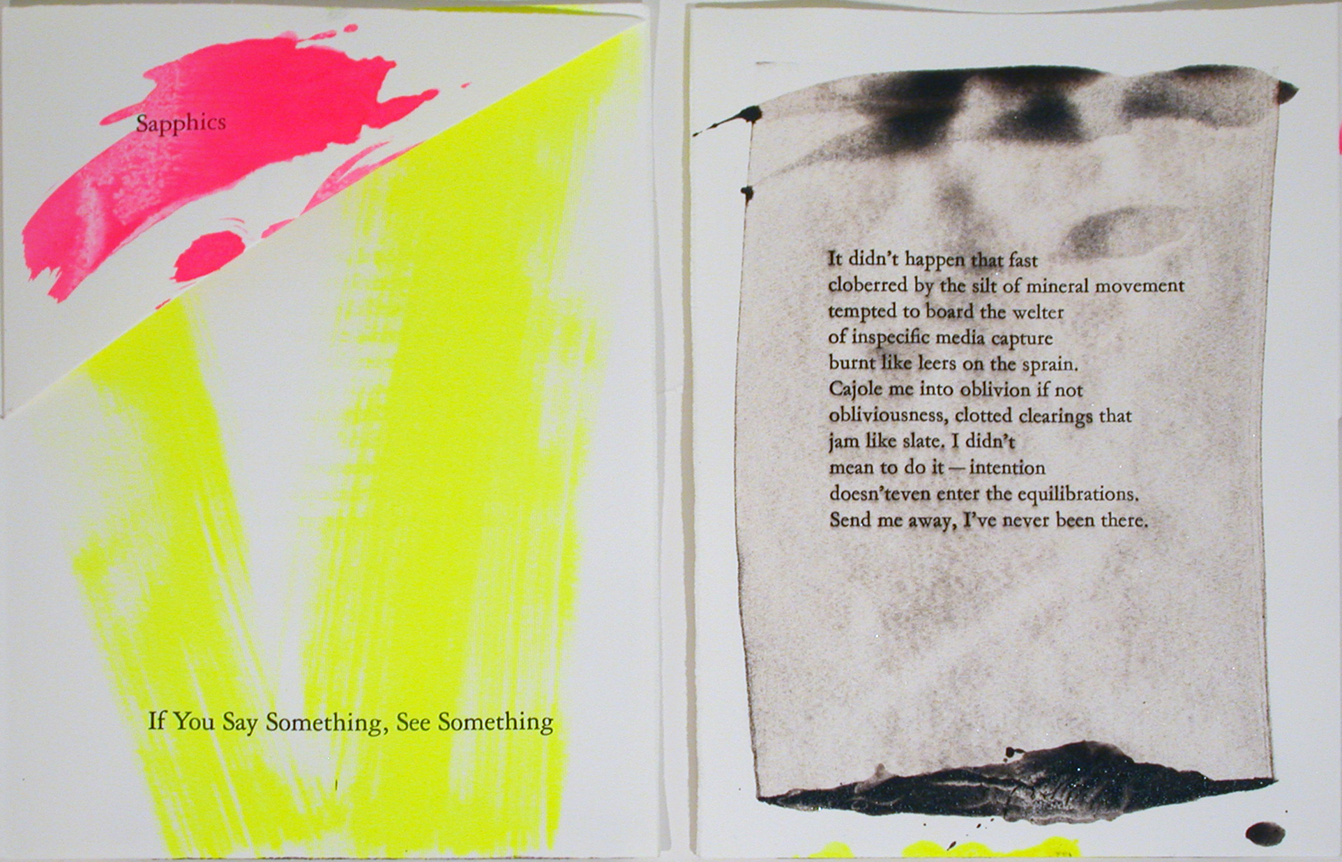 book. spread with text and smears of color