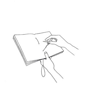 drawing of hands sewing a book