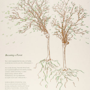 Broadside with bone trees and the poem on the bottom lefthand side of the page.