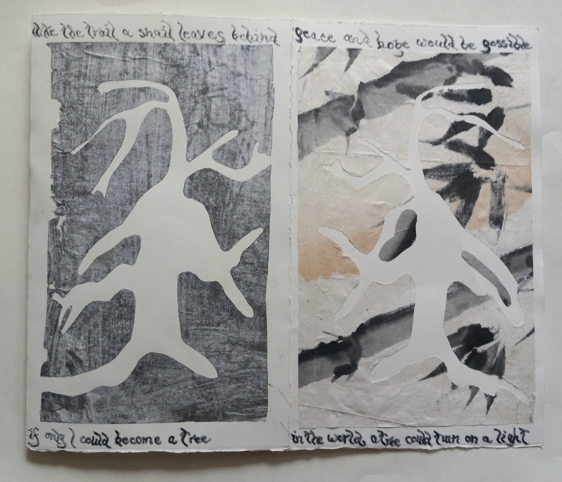 Power of a Tree artist book, accordion with collage and my poem, 2024, one of a kind