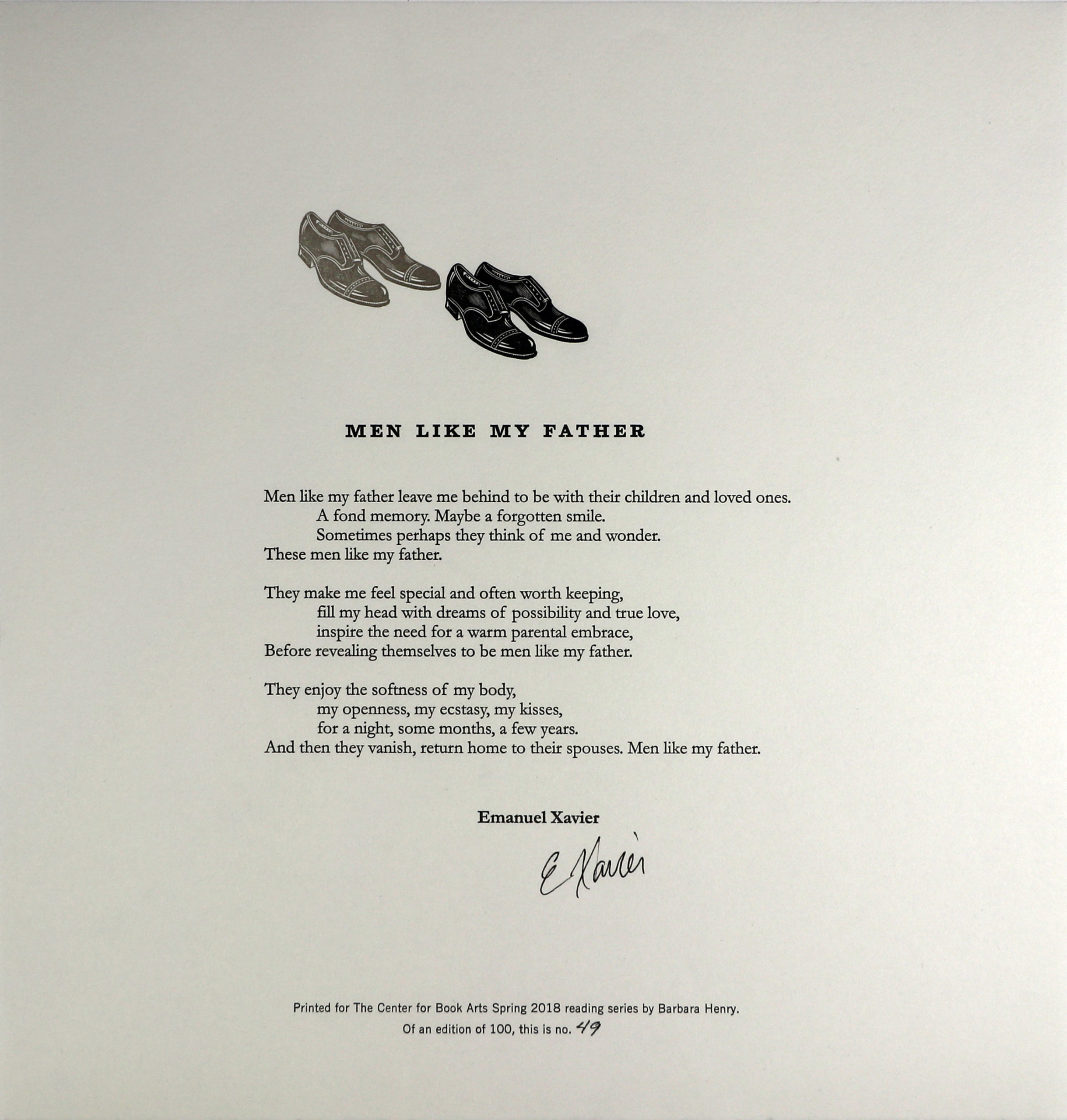 Letterpress printed broadside on white paper with two pairs of dress shoes, one pair grey and the other black.