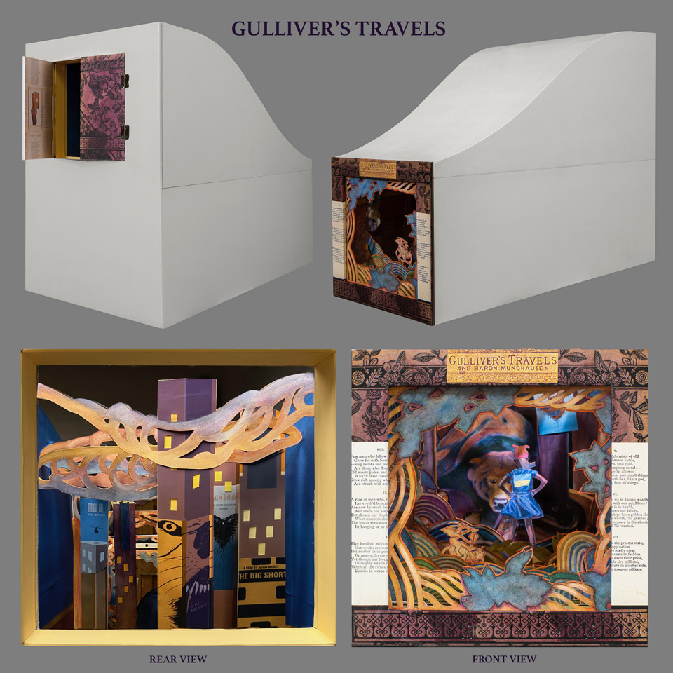 Gulliver’s Travels sculpture, light, view in the round 20” x 14” x 27” (requires 36”x 24” pedestal) ink, original watercolor on Stonehenge paper, printed matter on rice paper, theatrical gels, museum board, foam core, wood, glue, Optimum Plexiglas, magnets, wire, LEDs