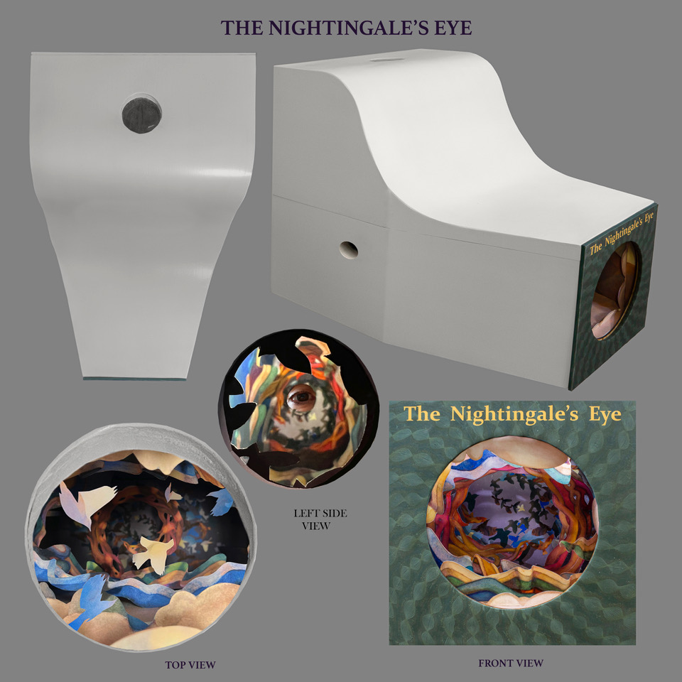 The Nightingale’s Eye sculpture, light, view in the round 20 x 14 x 27 inches (requires 36”x 24” pedestal) ink, original watercolor on Stonehenge paper, museum board, foam core, wood, glue 2-way mirror, wide-angle lens, Optimum Plexiglas, magnets, wire, LEDs Based on the novella,The Djinn in the Nightingale’s Eye by A.S. Byatt, the viewer is invited to observe the same narrative from four different perspectives. Playfully challenging the concept of the eyewitness, the layered watercolor landscape viewed from the front, is reproduced from the same angle on the left with the viewer’s eye reflected from within the scene. Viewed from the right, the same scene and angle appears to be duplicated but through rose-colored glass. From the top, a drone’s eye view adds a fourth perspective. Each aperture slightly alters and enriches the narrative.