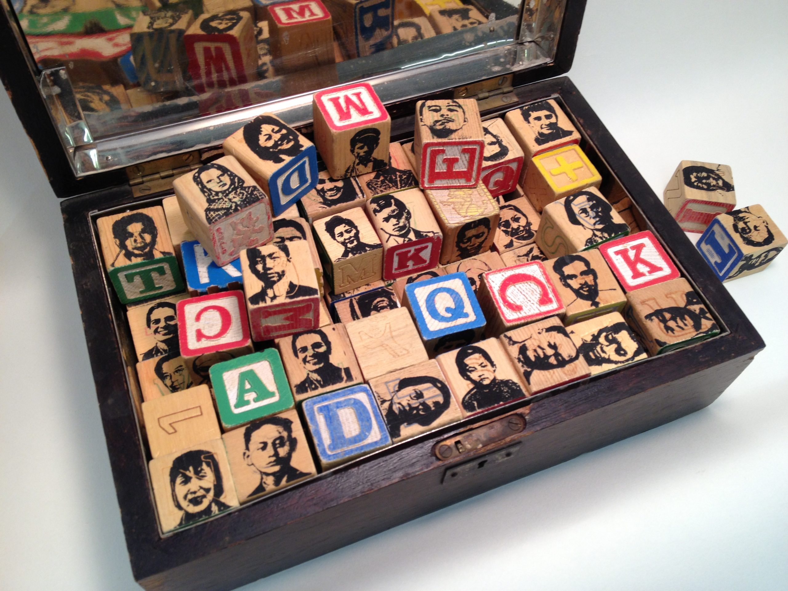 Box of wooden blocks with letter and faces
