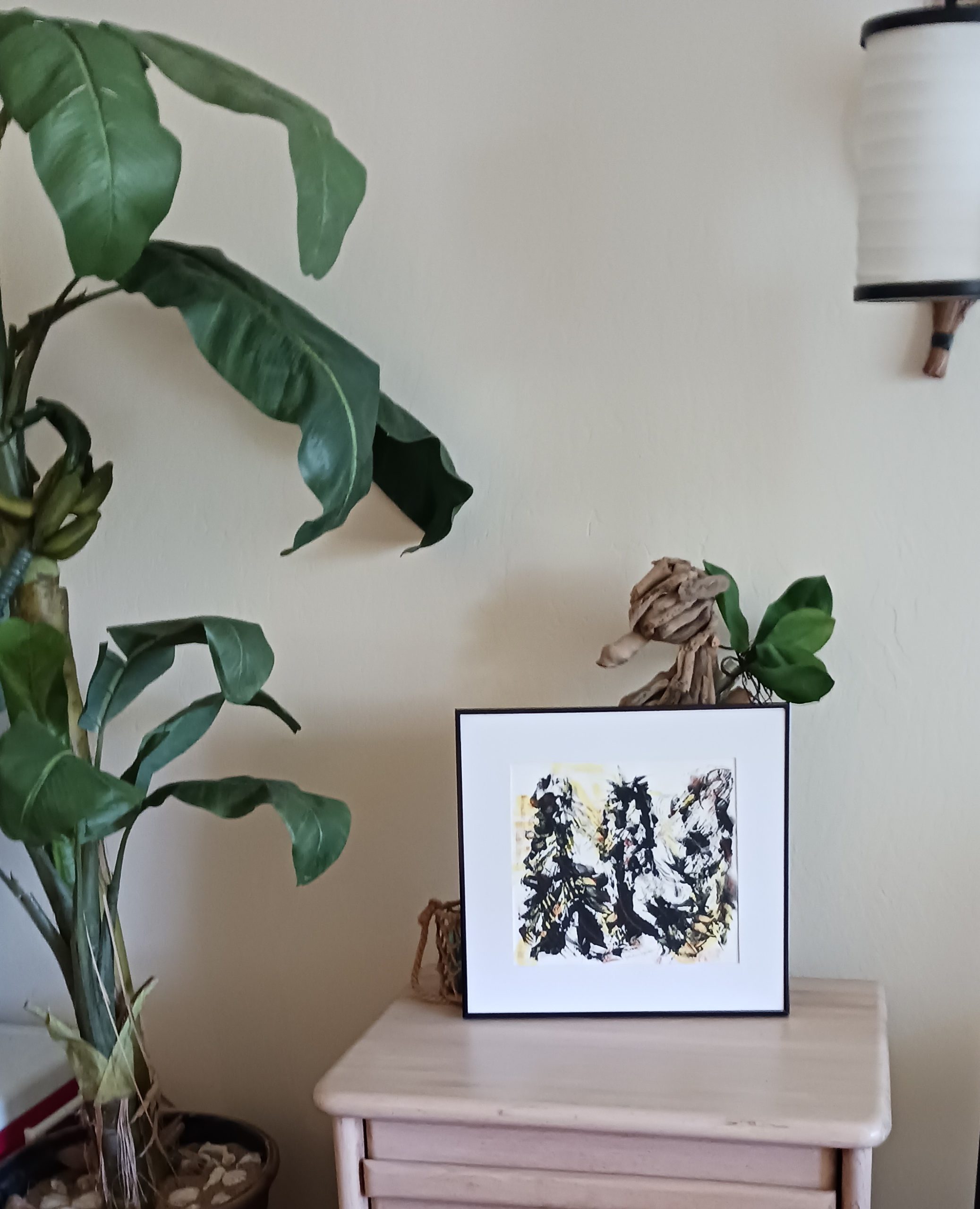 print sitting on a table by a houseplant
