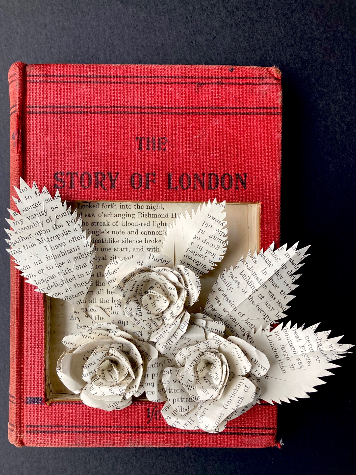 Image of red book with a rectangular cutout in the front. Roses and leaves made of book pages are in the cutout.
