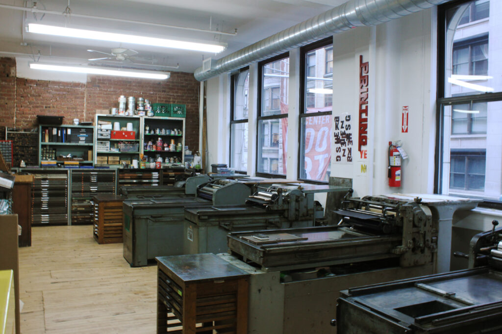 CBA's Letterpress Printshop filled with Vandercooks and movable type