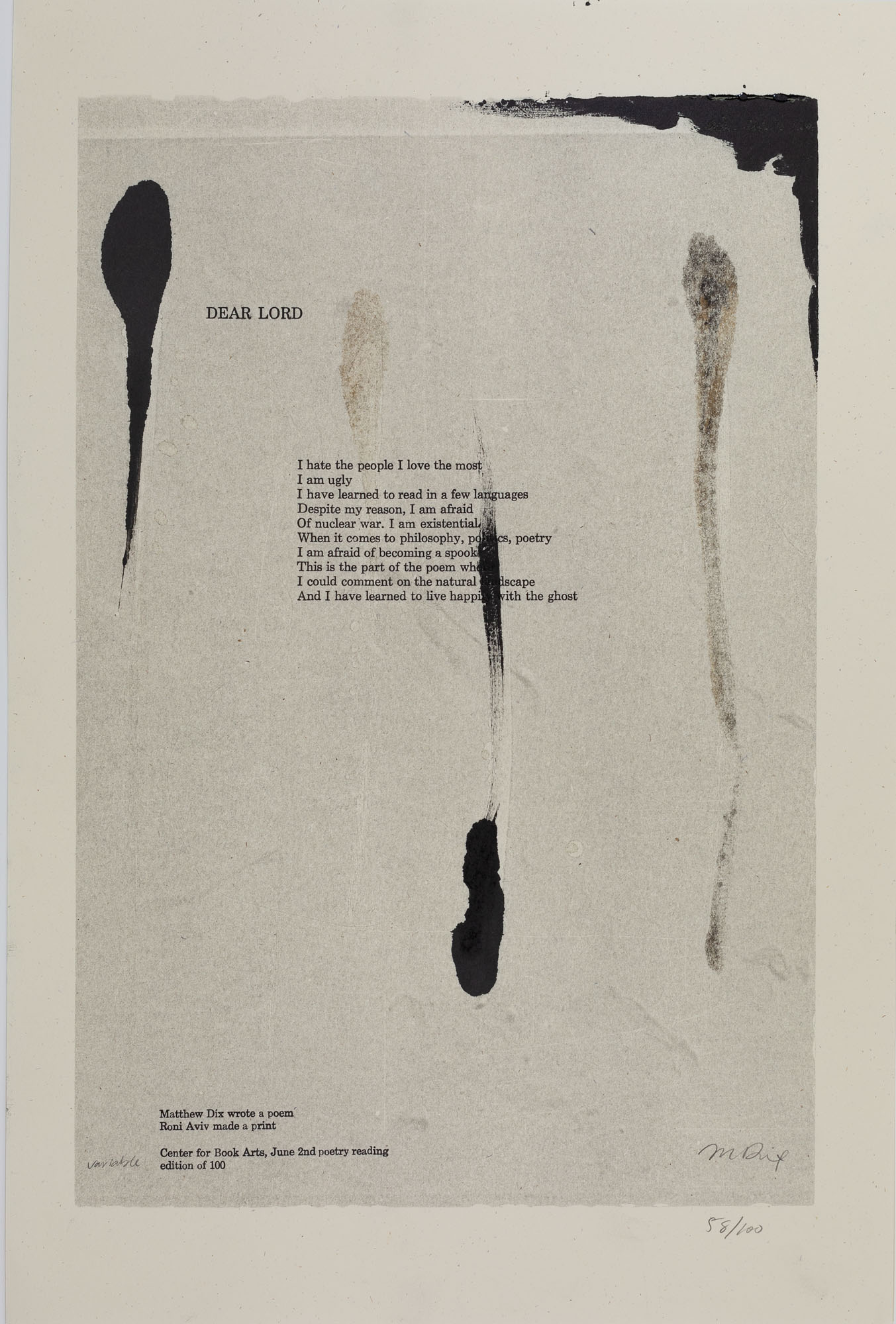Pressure printed broadside featuring Matthew Dix poem, Dear Lord