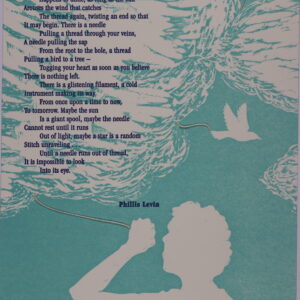 Broadside consists of a sky blue background, with white patterns drawn to perceive clouds behind the text. At the bottom of the broadside is a white outline of a man/boy seemingly holding a physical string tied to the broadside as he looks up to the clouds. To the right of him above is a white bird who also has a string tied to its feet as it is seemingly flying. The title and text are above to the left in navy blue.