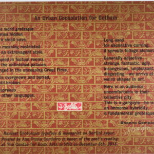 This broadside is medium in size with a horizontal rectangular shape. The background is covered in a print of smaller horizontal rectangles in dark red, with each one having a yellowish-gold design of arches. The title is in black, towards the top of the broadside and centered in the middle. The text is on both sides of the broadside, also in black, lined vertically in paragraphs on either side. One of the small rectangles of the broadside’s background is instead red and white, with a different pattern than the others. This one is located in between the two sides of the text.